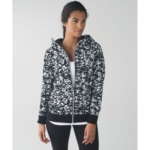 Lululemon Scuba Hoodie III Womens Full Zip Black White Floral Print Size 8